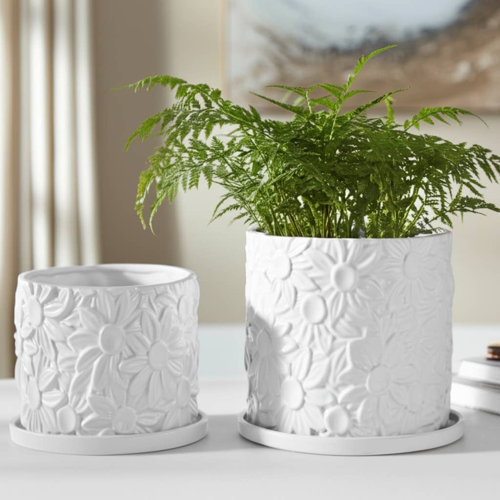 Ceramic Daisy Flower Planters Set of 2 - White, 6/8 in.
