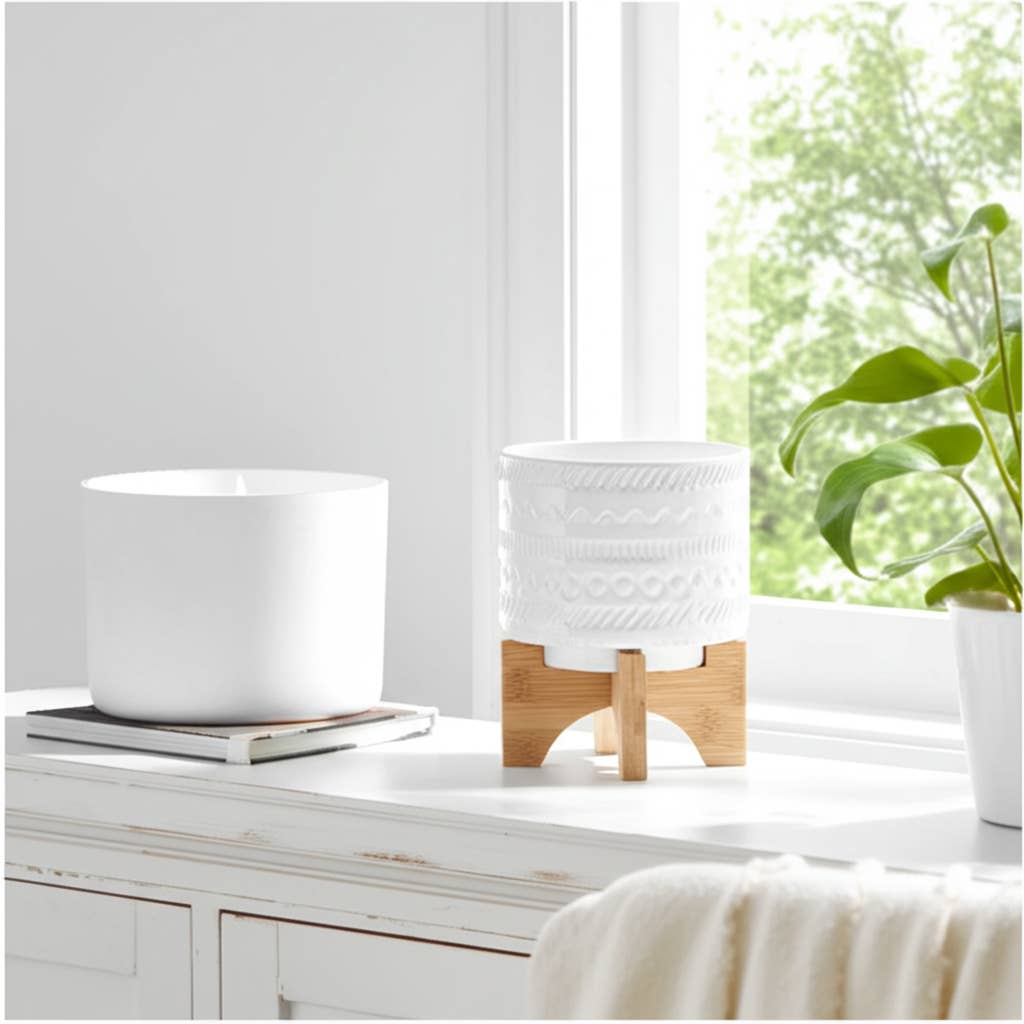 White Ceramic Tribal Carved on Wood Stand
