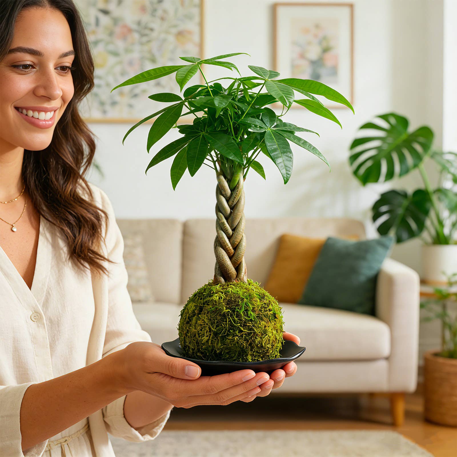 Money Tree Kokedama Braided Handcraft Moss Ball Houseplant