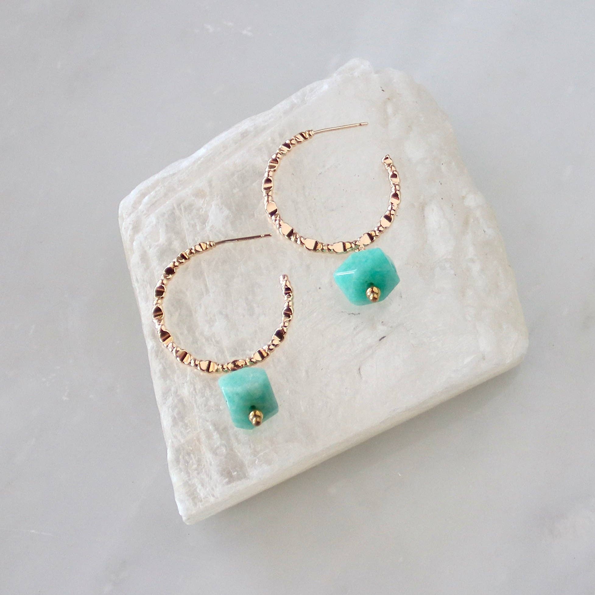 Amazonite or Turquoise Textured Hoop Earrings