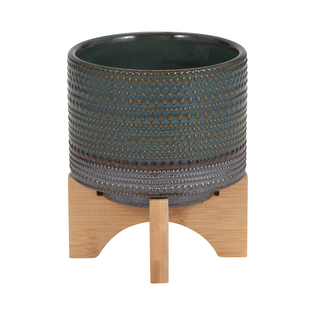 Green Ceramic Dotted Round on Wood Stand