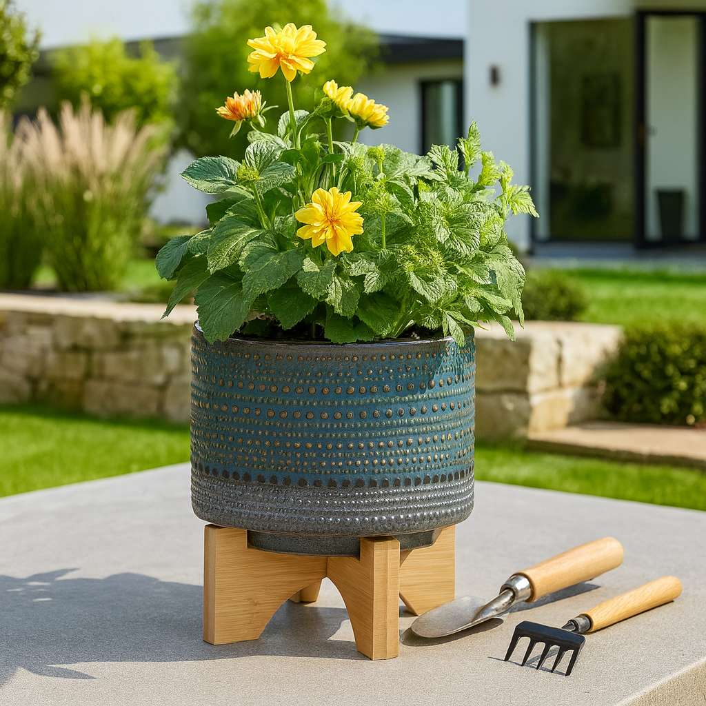 Green Ceramic Dotted Round on Wood Stand