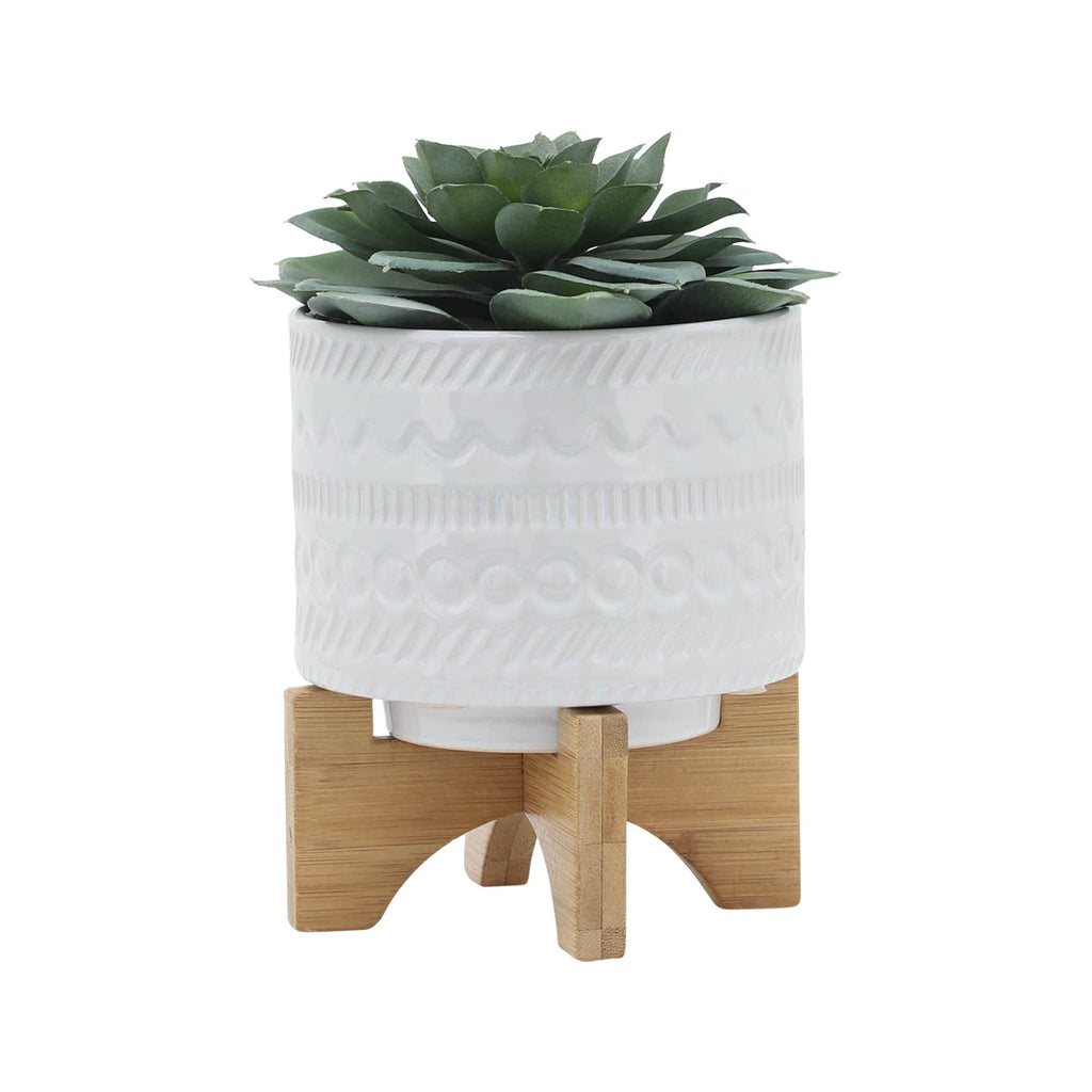 White Ceramic Tribal Carved on Wood Stand