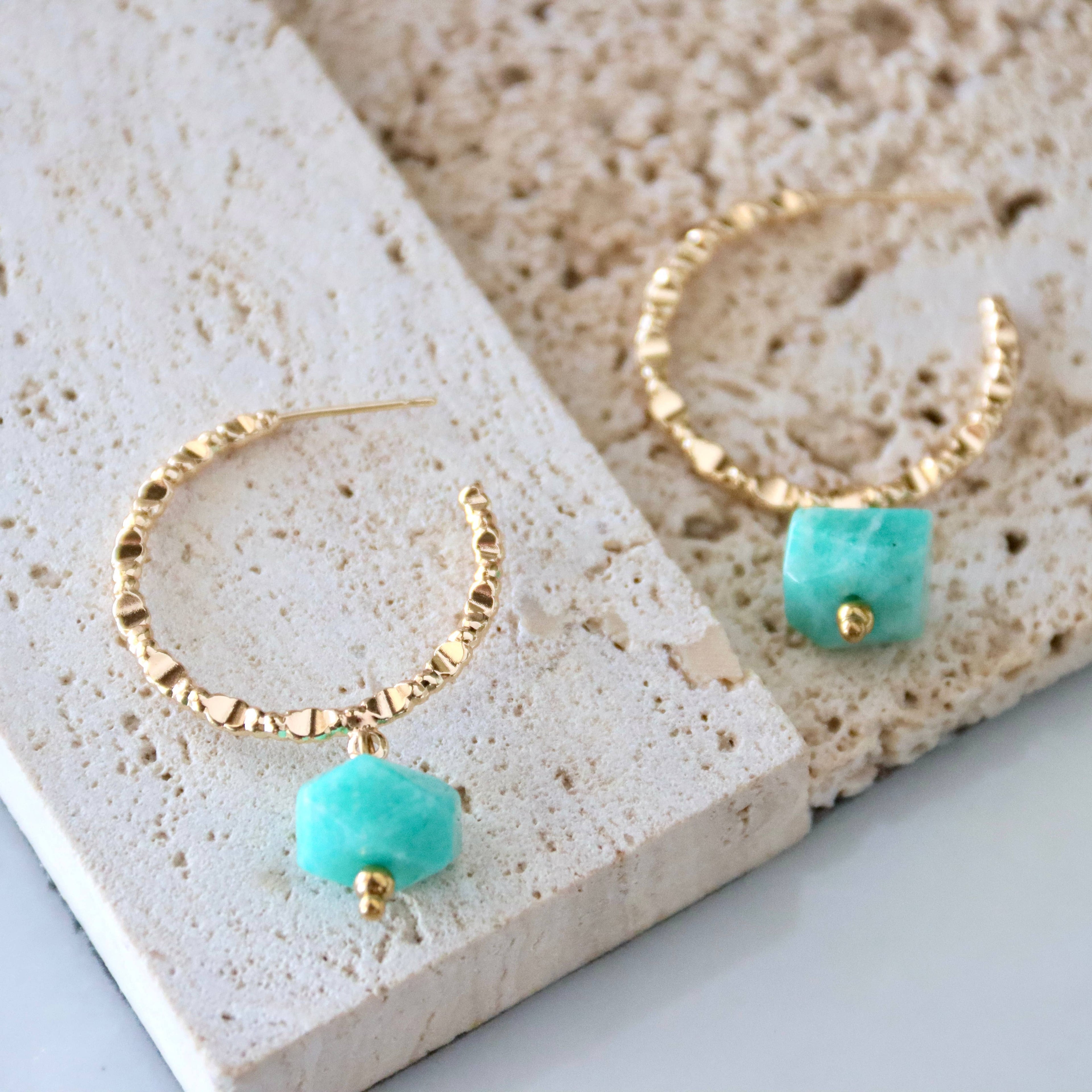 Amazonite or Turquoise Textured Hoop Earrings