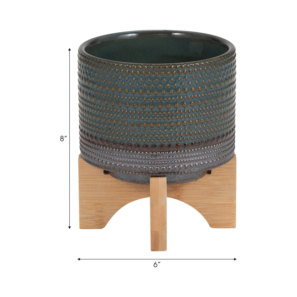 Green Ceramic Dotted Round on Wood Stand