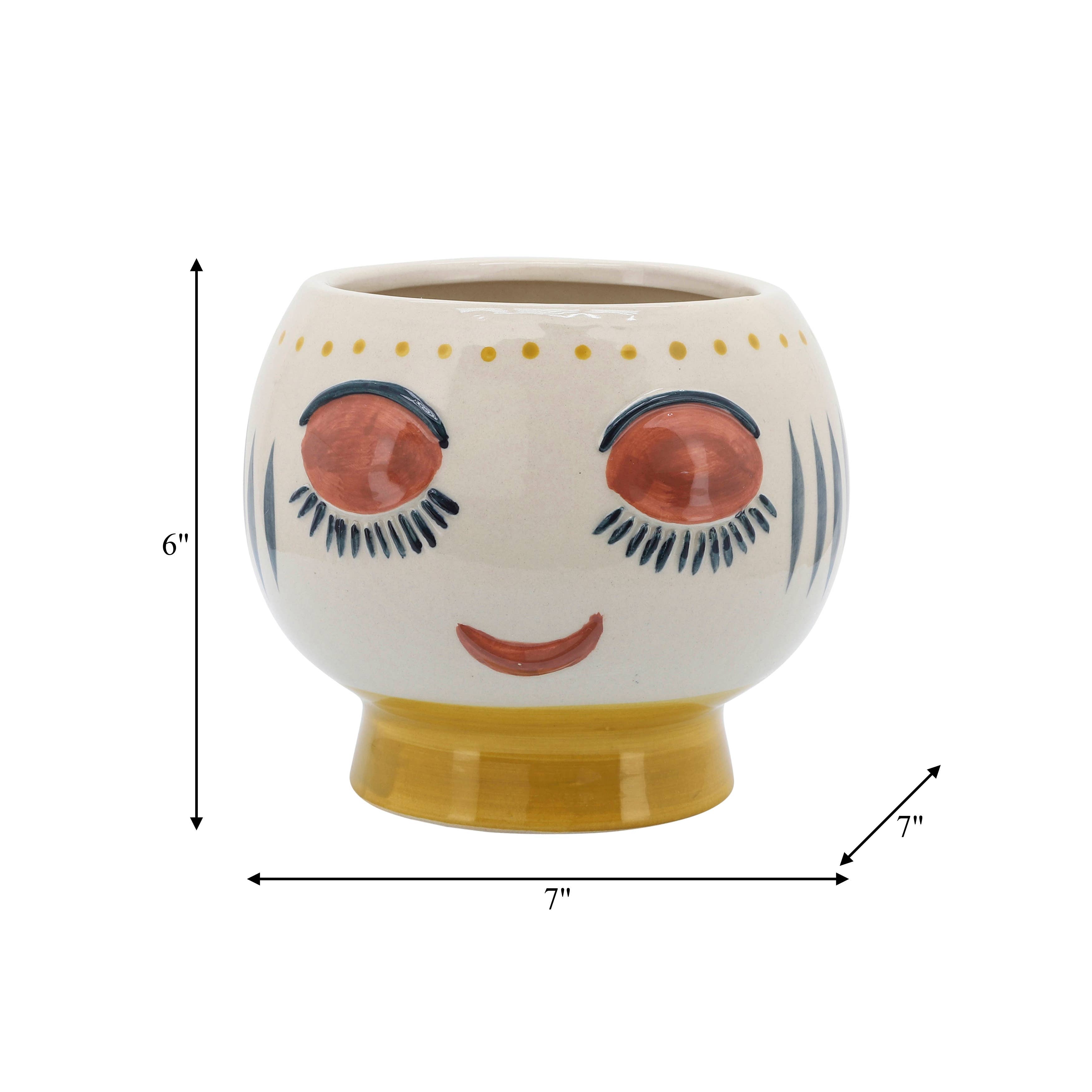 Ivory/Yellow Ceramic Round with Artsy Face, 7 in