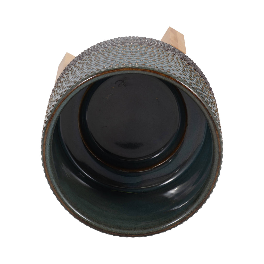 Green Ceramic Dotted Round on Wood Stand