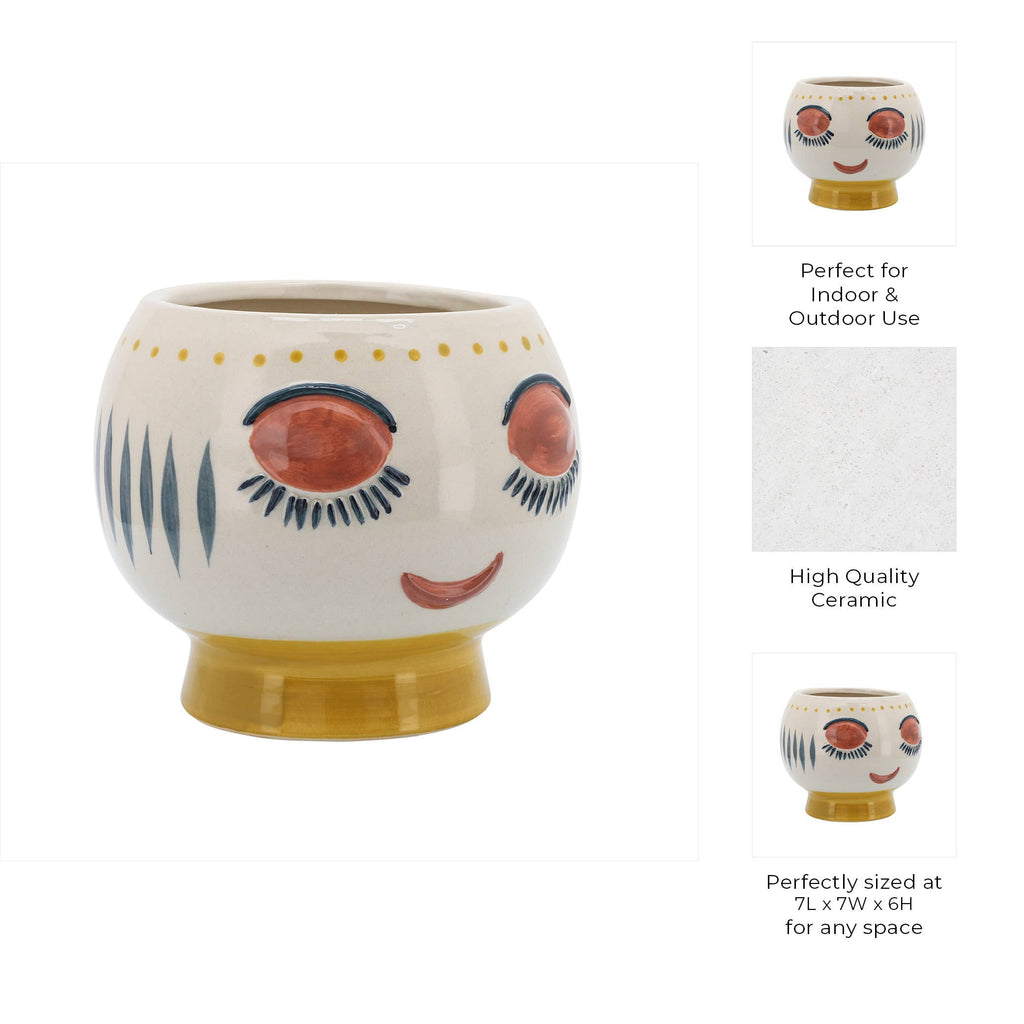 Ivory/Yellow Ceramic Round with Artsy Face, 7 in