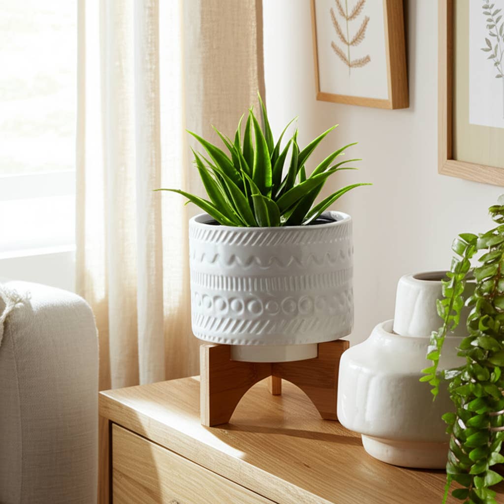 White Ceramic Tribal Carved on Wood Stand