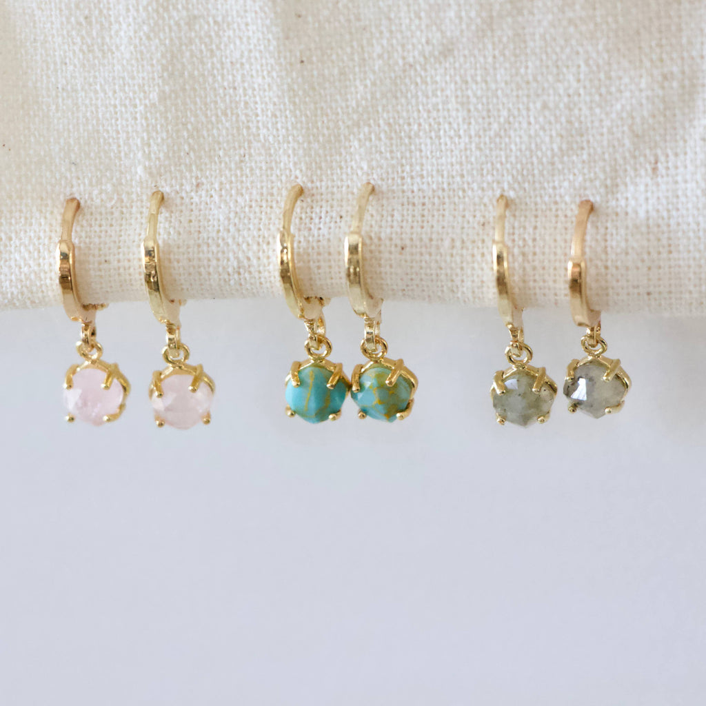 Stone Huggie Hoops - Turquoise, Rose Quartz, Labradorite