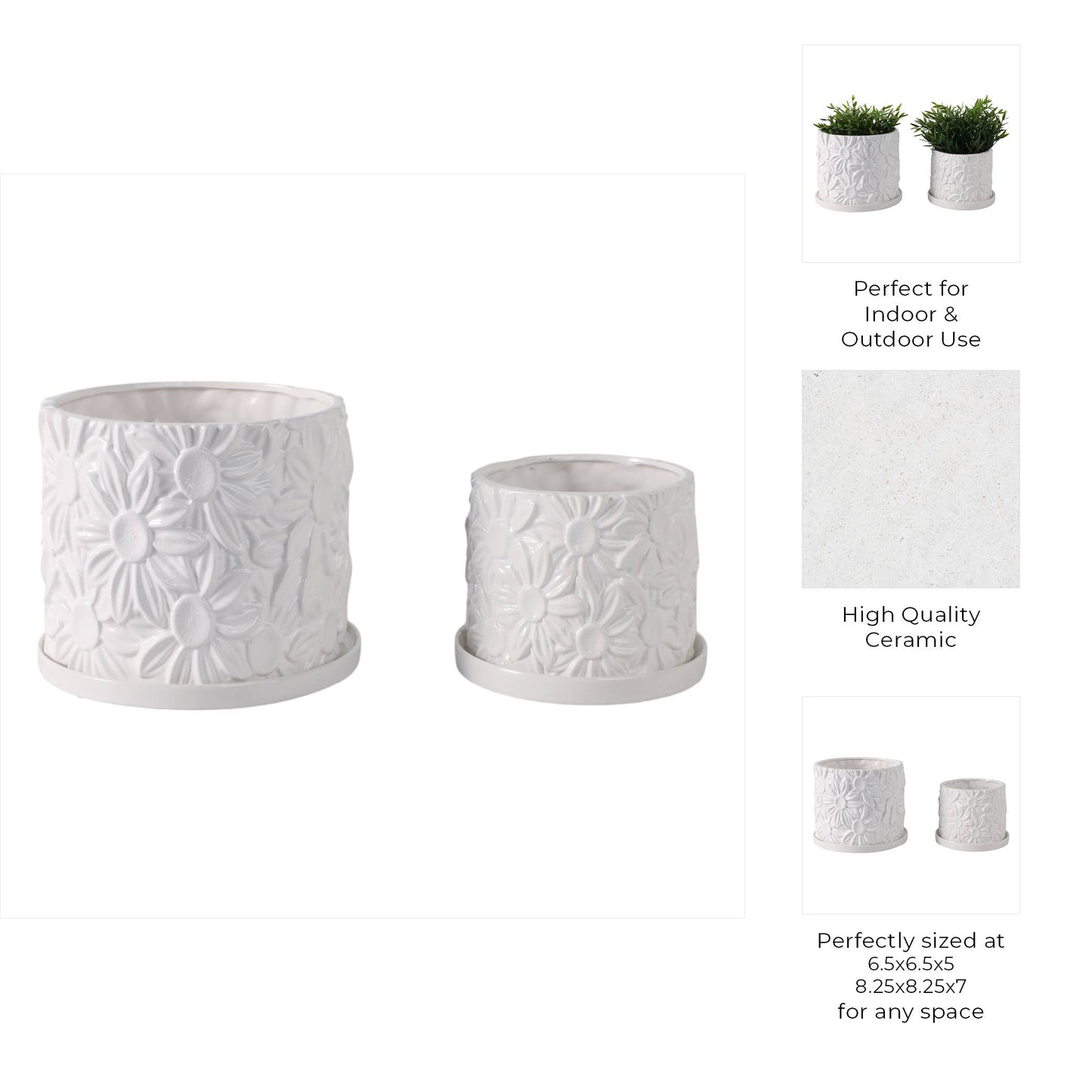 Ceramic Daisy Flower Planters Set of 2 - White, 6/8 in.