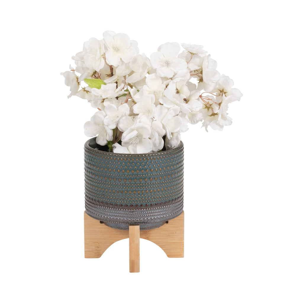 Green Ceramic Dotted Round on Wood Stand