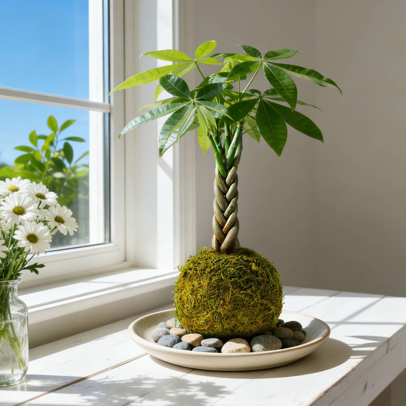 Money Tree Kokedama Braided Handcraft Moss Ball Houseplant