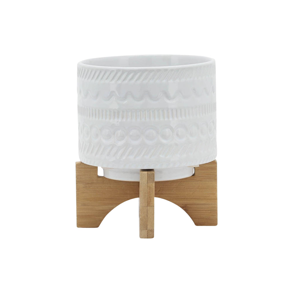 White Ceramic Tribal Carved on Wood Stand