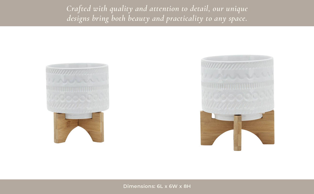 White Ceramic Tribal Carved on Wood Stand