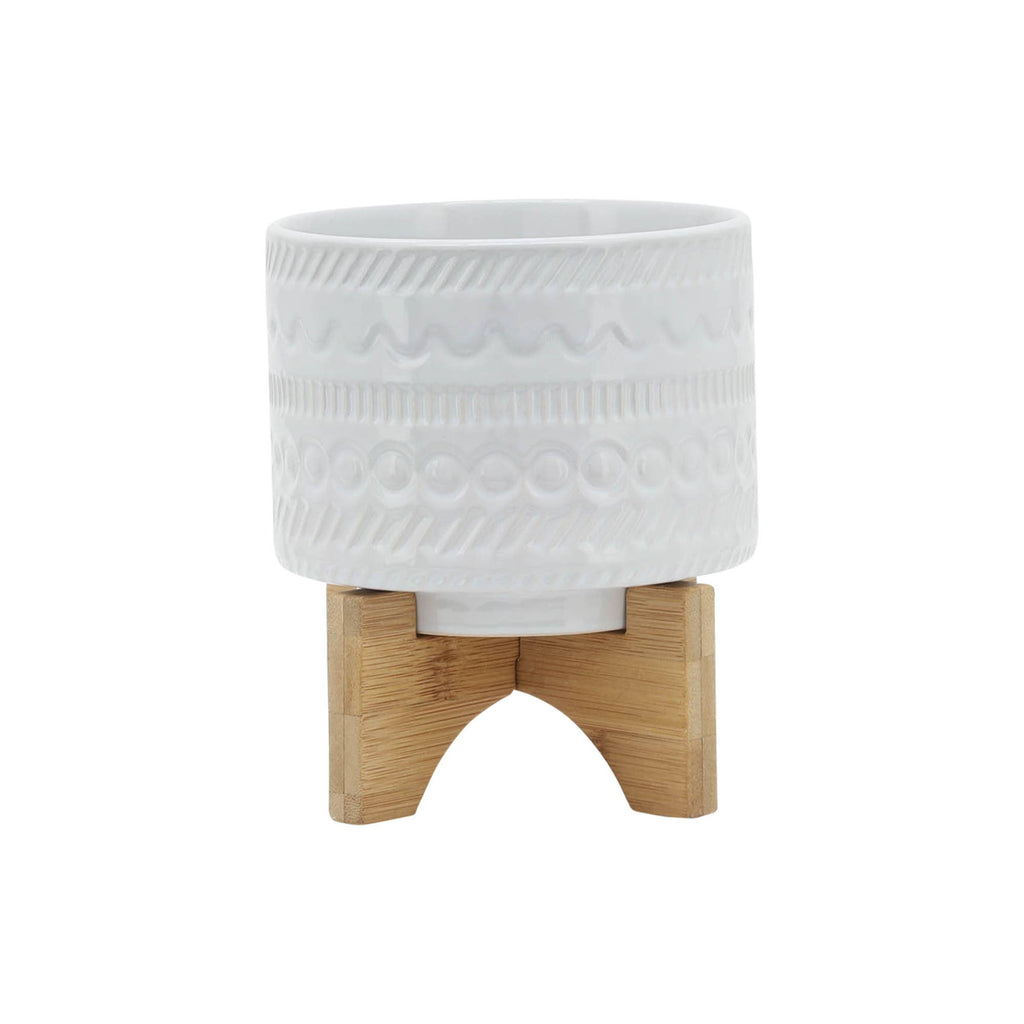 White Ceramic Tribal Carved on Wood Stand