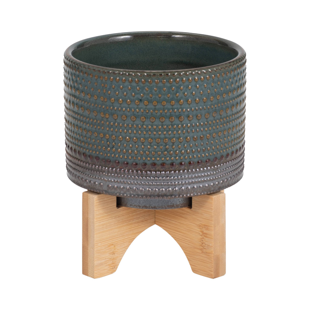Green Ceramic Dotted Round on Wood Stand