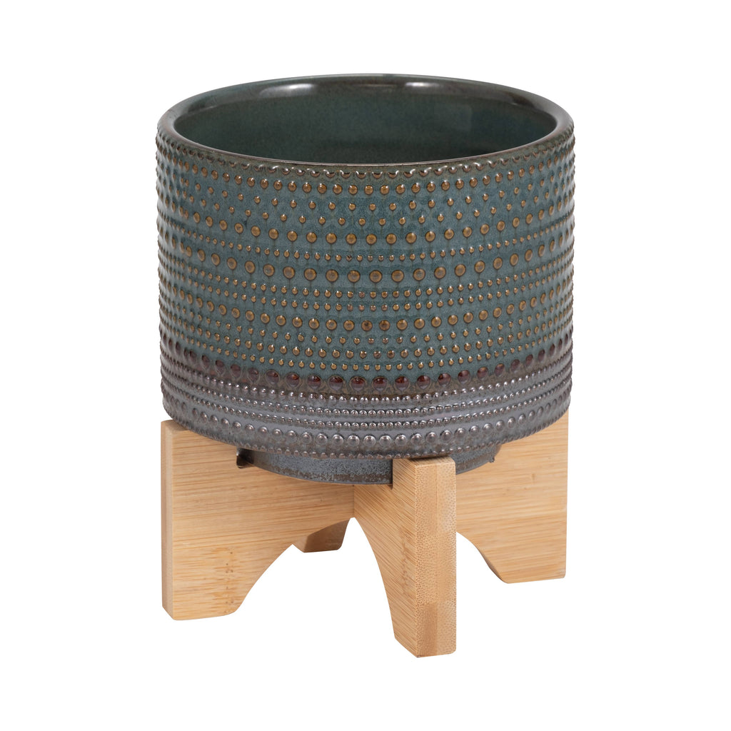 Green Ceramic Dotted Round on Wood Stand