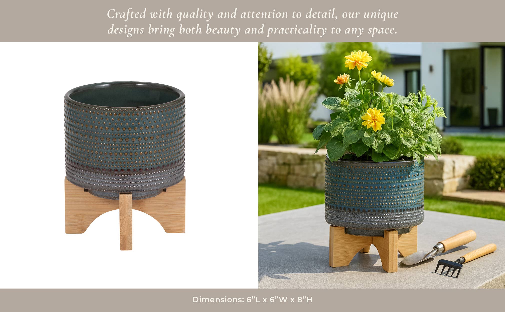 Green Ceramic Dotted Round on Wood Stand