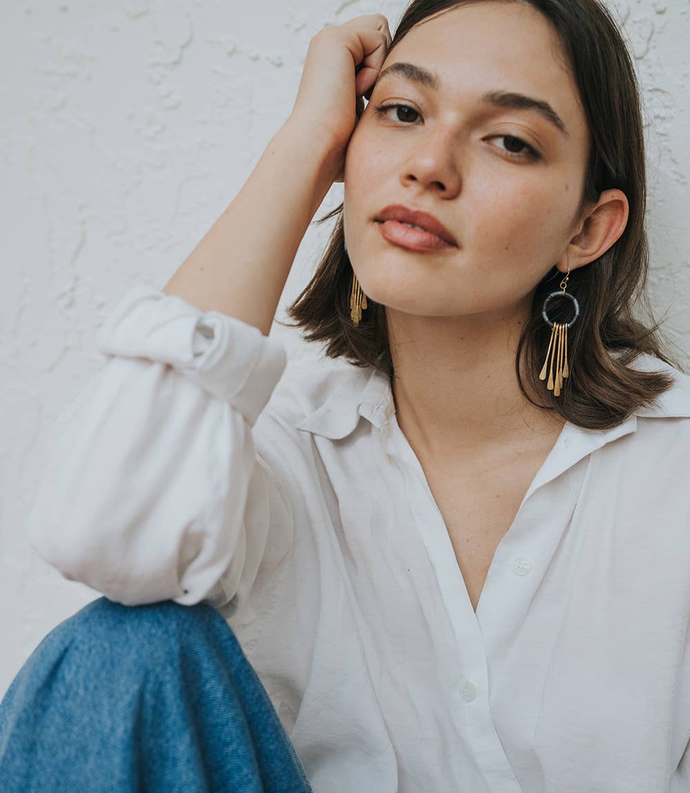 Kaia Brass Tassel Earrings - Blue Thread Wrapped