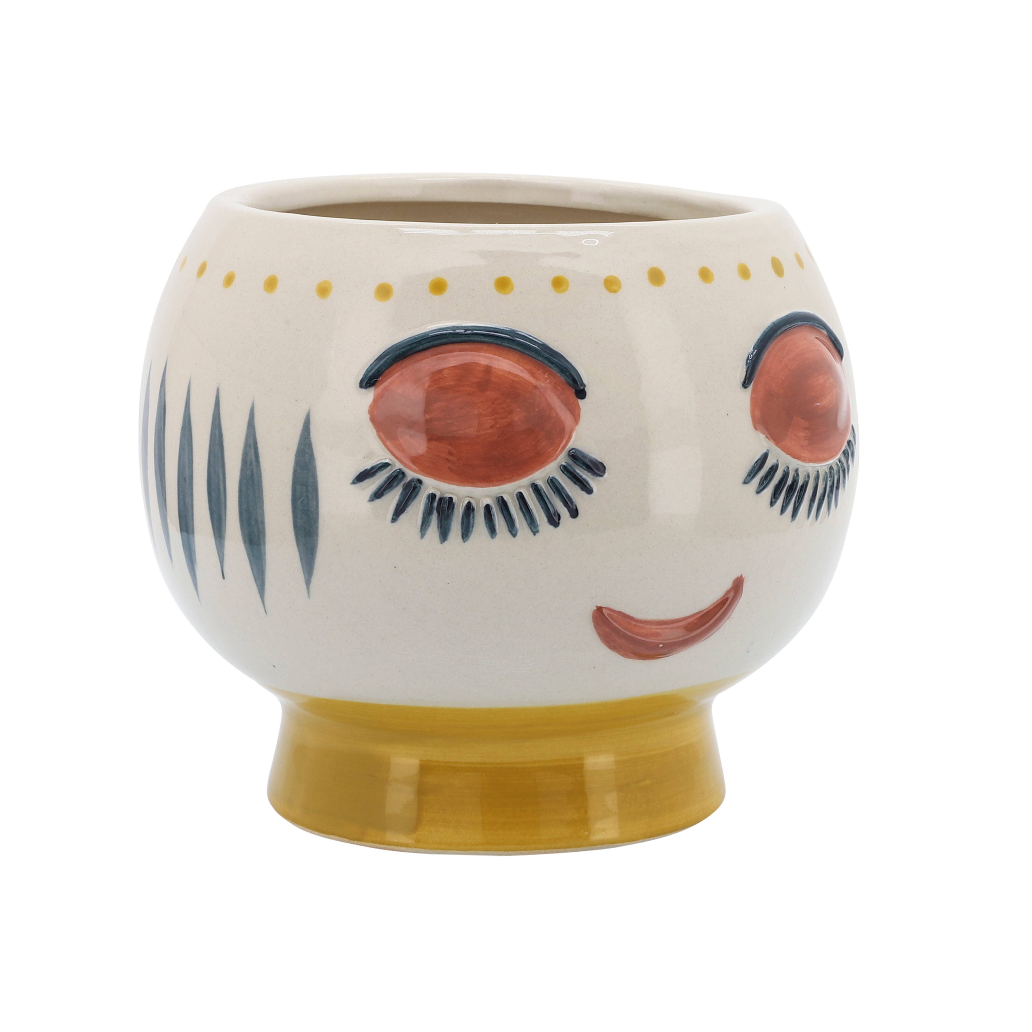 Ivory/Yellow Ceramic Round with Artsy Face, 7 in
