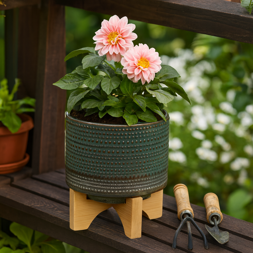 Green Ceramic Dotted Round on Wood Stand