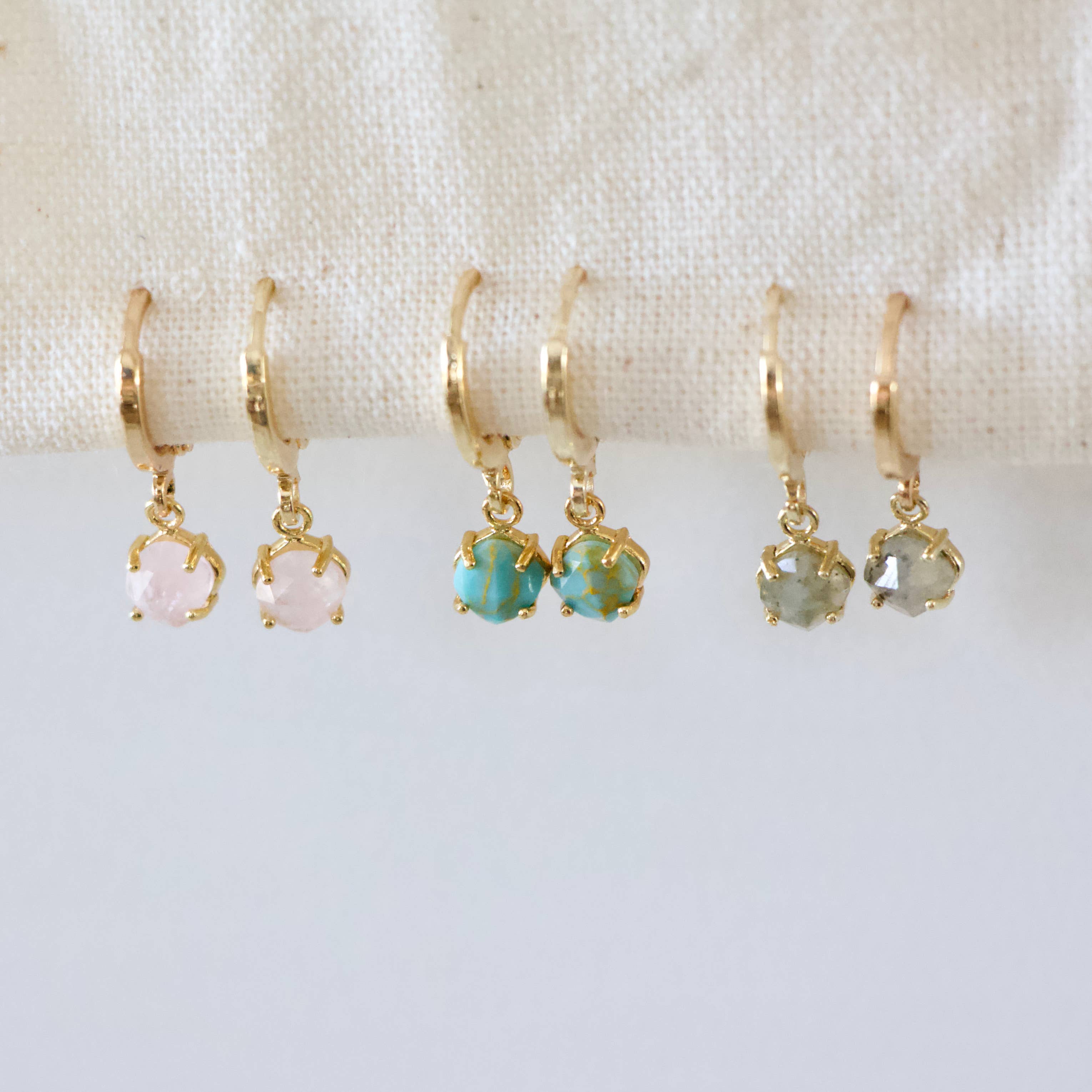 Stone Huggie Hoops - Turquoise, Rose Quartz, Labradorite