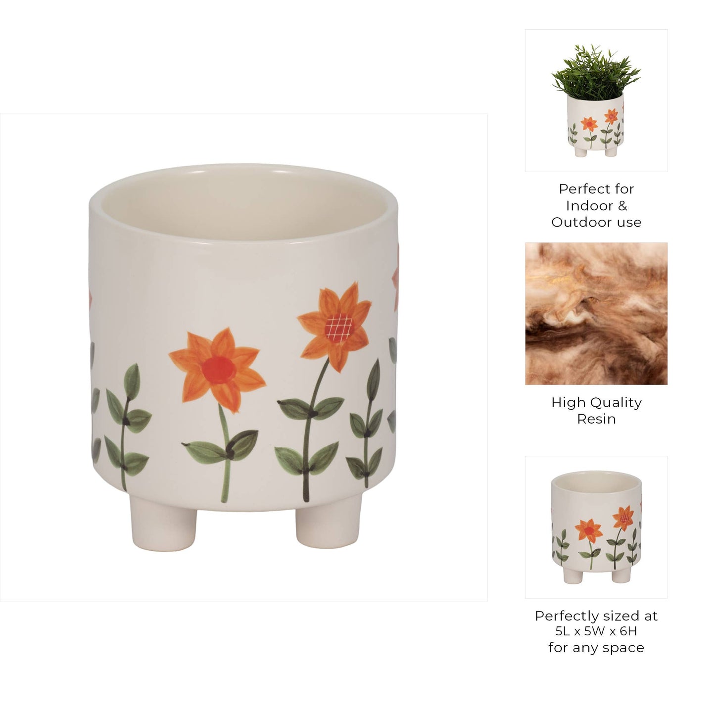 6 in. White Resin Footed Hand Painted Planter