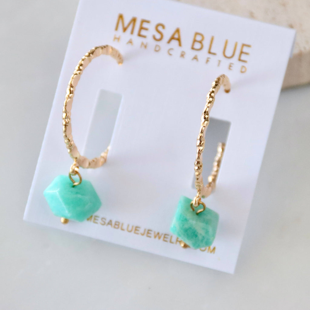 Amazonite or Turquoise Textured Hoop Earrings