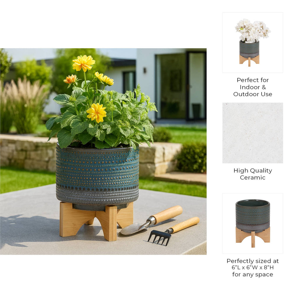 Green Ceramic Dotted Round on Wood Stand