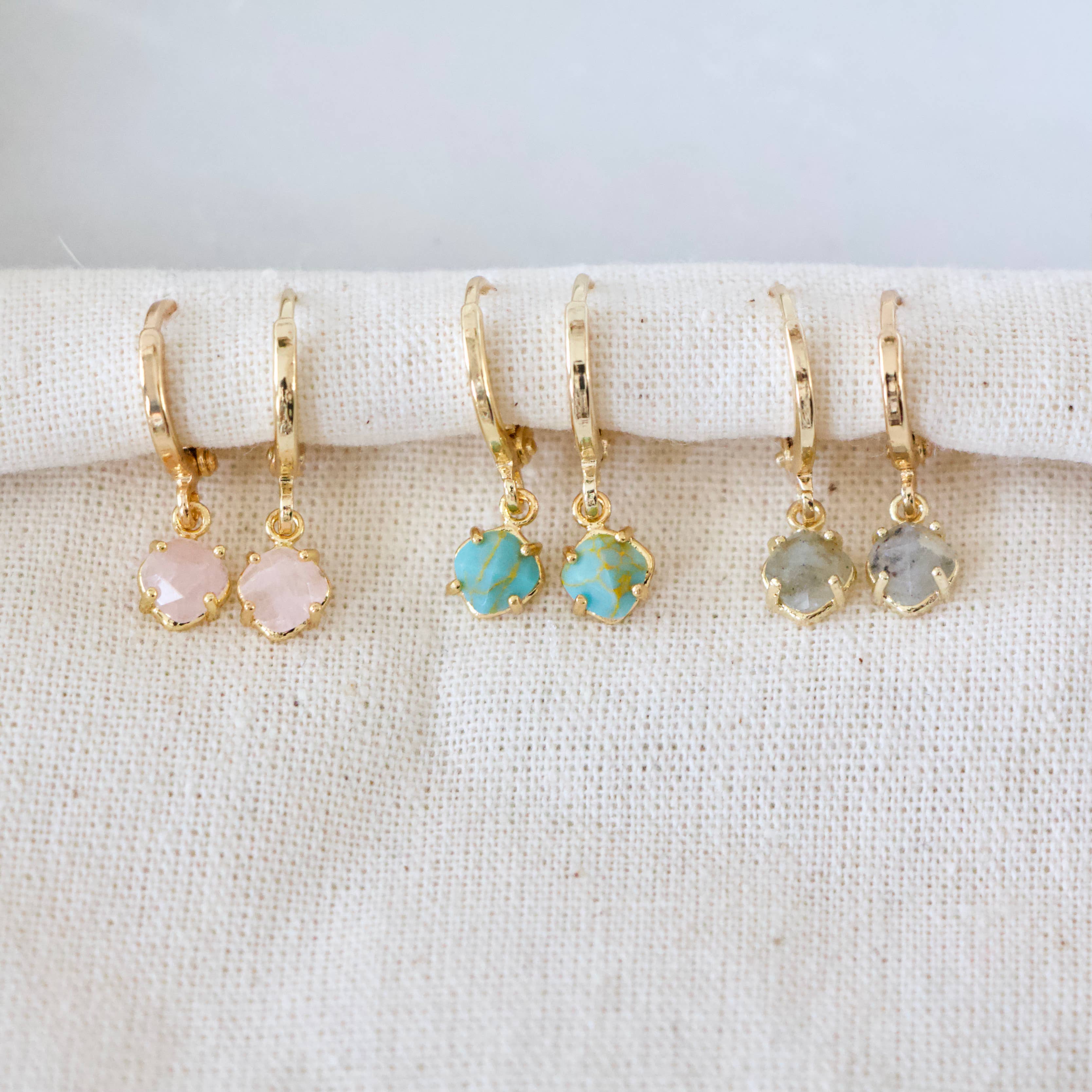 Stone Huggie Hoops - Turquoise, Rose Quartz, Labradorite