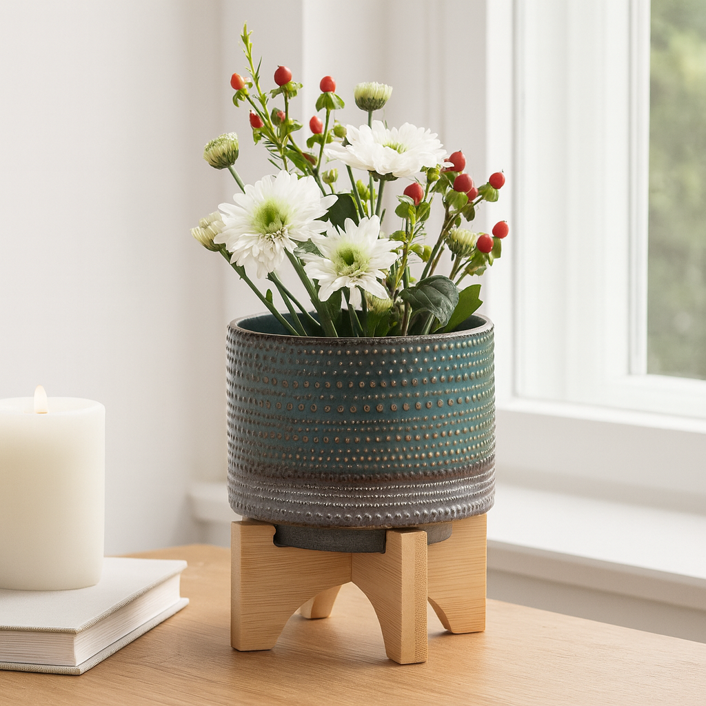 Green Ceramic Dotted Round on Wood Stand
